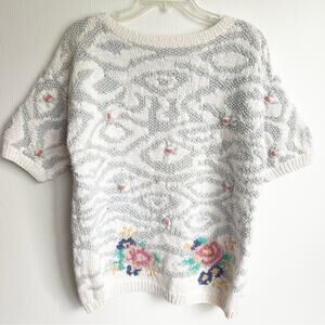 Vintage 80s 90s Jennifer Reed Hand Knit Chunky Cottagecore Short Sleeve Sweater